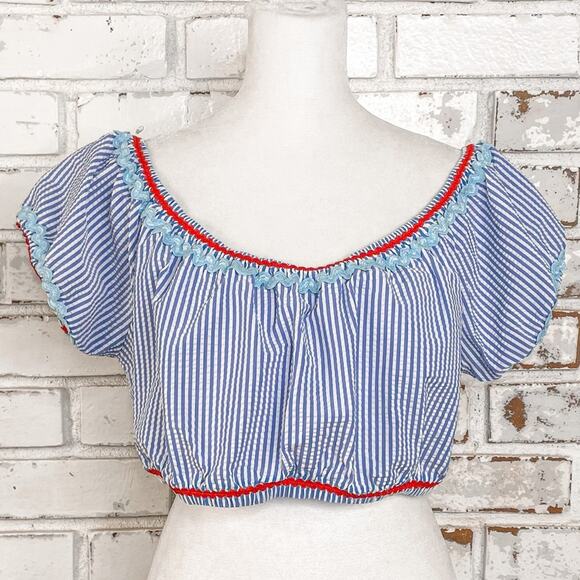 J. Crew Womens Blue and Red Seersucker Rickrack Off Shoulder Bikini Top L - Picture 3 of 9